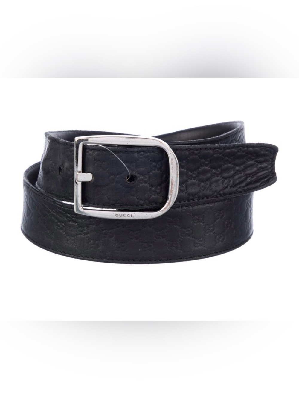 Gucci GG Black Embossed Leather Men's Belt with Silver-Tone Buckle